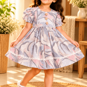 Baby girl wearing Saba grey and pink abstract leaf print cotton frock