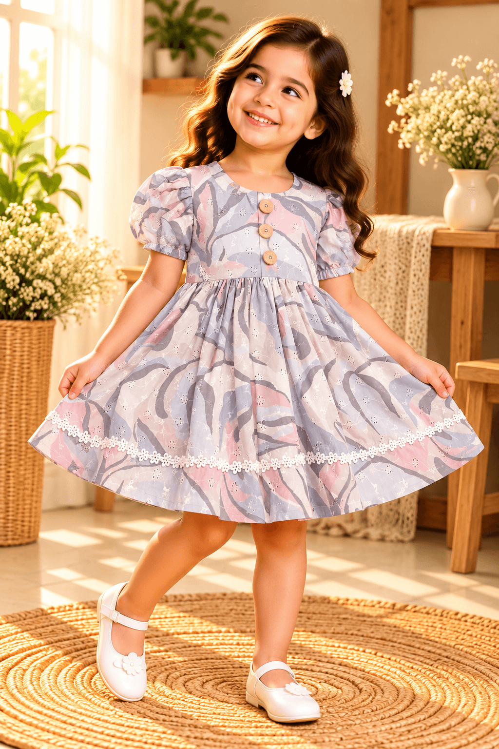 Baby girl wearing Saba grey and pink abstract leaf print cotton frock