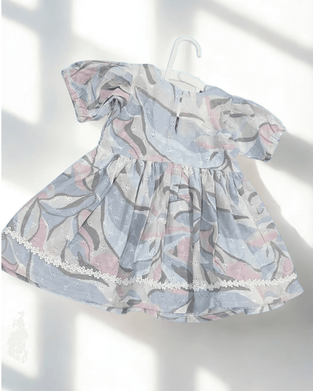 Saba grey and pink abstract leaf print cotton frock for baby girl - back view
