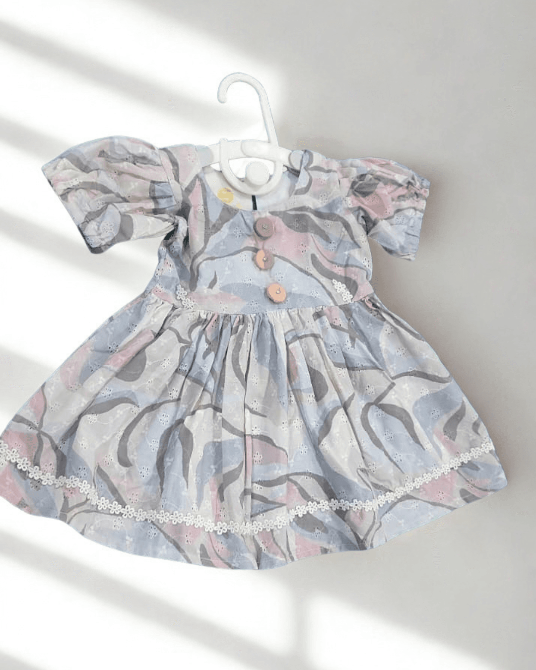 Saba grey and pink abstract leaf print cotton frock for baby girl - front view
