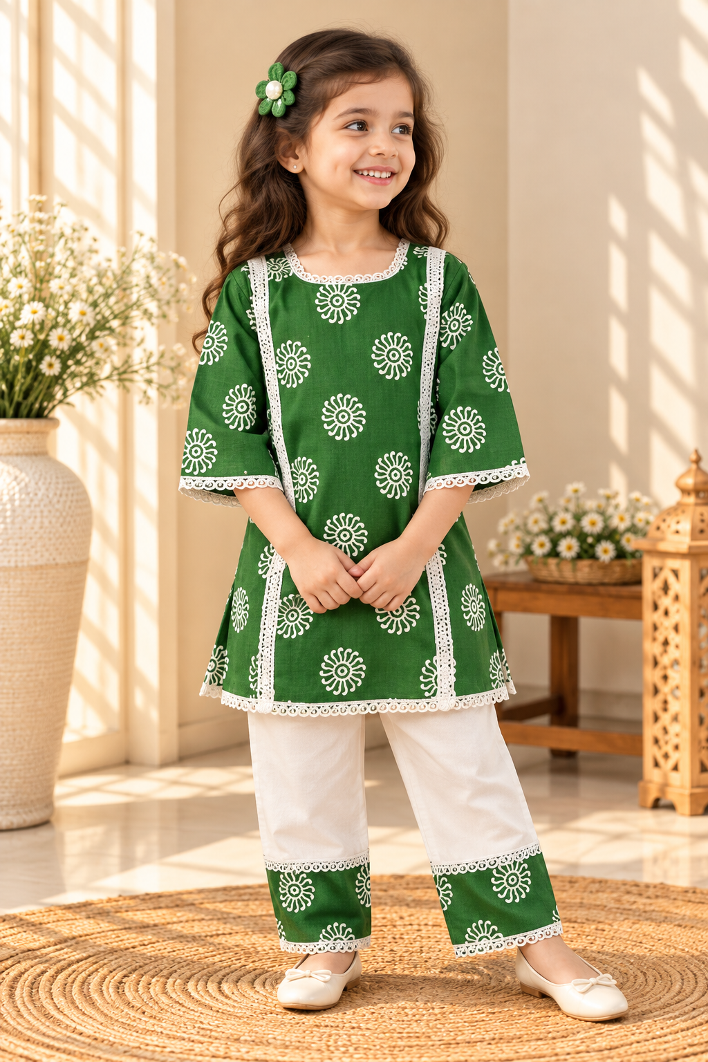 Sabza baby girl kurti set, deep green base, white mandala circle print, white lace, white palazzo - worn by a baby girl model