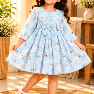 Baby girl wearing Sawan light blue floral cotton frock with triple bow detail