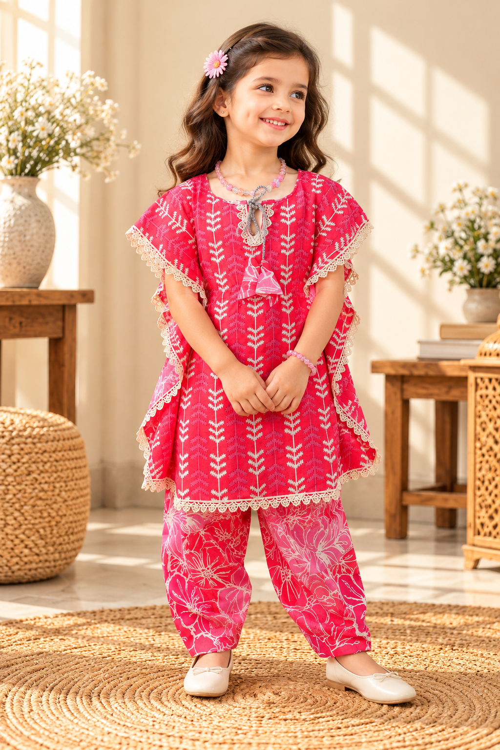 Sawera baby girl kurti set, bright pink kaftan style, white fern print, silver cord tie neckline, cream lace edges, floral-print pants - worn by a baby girl model