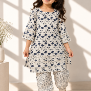 Shabana baby girl kurti set, white base, grey tulip print, three rows of cutwork lace, lace sleeve bands, grey chevron-print pants - worn by a baby girl model
