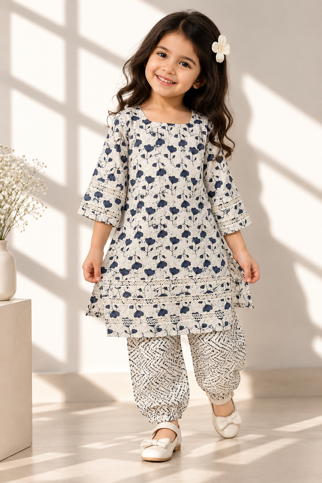 Shabana baby girl kurti set, white base, grey tulip print, three rows of cutwork lace, lace sleeve bands, grey chevron-print pants - worn by a baby girl model