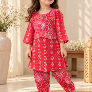 Shafaq baby girl kurti set, salmon/coral base, large white floral print, pink gota trim - worn by a baby girl model