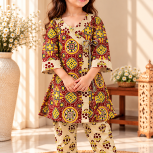 Shahzadi baby girl kurti set, white base, red floral print, front pocket, button detailing - worn by a baby girl model