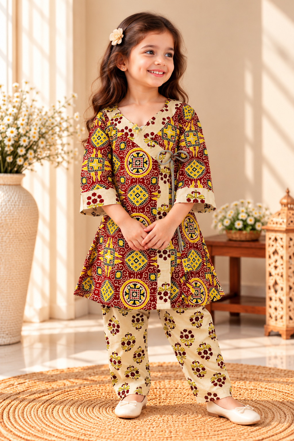 Shahzadi baby girl kurti set, white base, red floral print, front pocket, button detailing - worn by a baby girl model