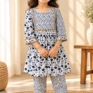 Sitaab baby girl kurti set, white base, dark navy abstract and floral print, gold gota at waist - worn by a baby girl model