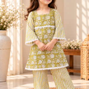 Sitara baby girl kurti set, olive green base, white stripe pattern, white lace trim - worn by a baby girl model