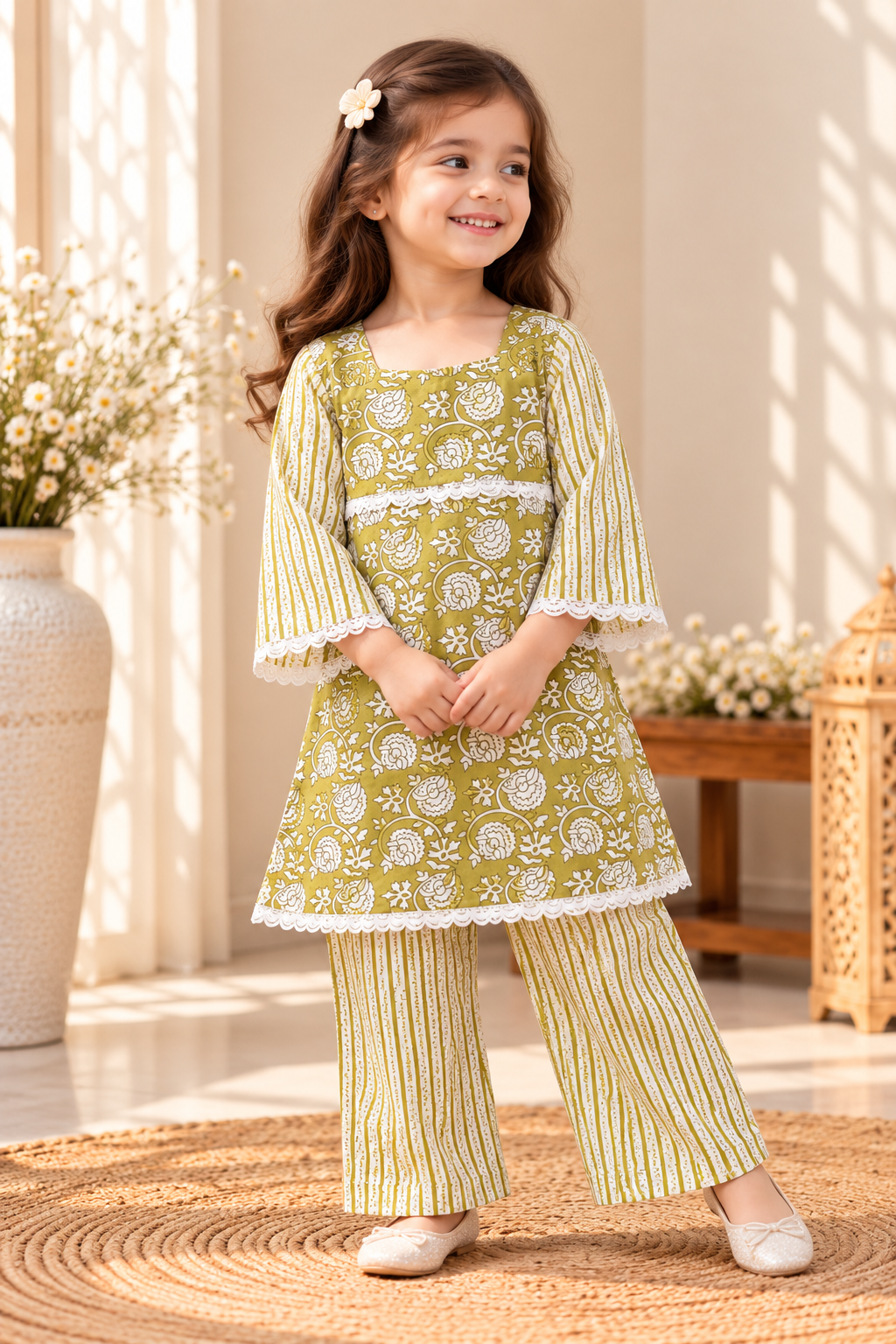Sitara baby girl kurti set, olive green base, white stripe pattern, white lace trim - worn by a baby girl model