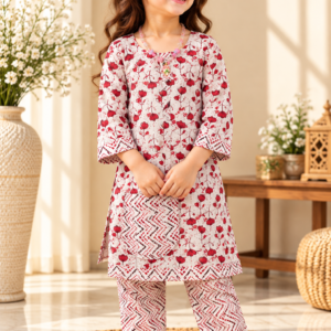 Surkhi baby girl kurti set, turquoise/teal base, pearl and gold lace trim - worn by a baby girl model
