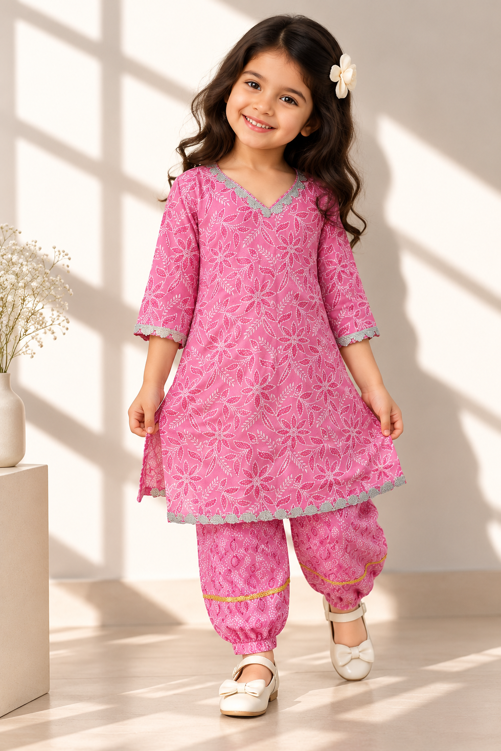 Yasmeen baby girl kurti set, soft pink base, white leaf-floral print, silver gota lace on V-neckline, sleeves and hem, oval-print pants - worn by a baby girl model