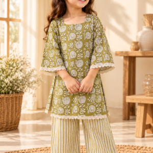 Zaitoon baby girl kurti set, blue base, white sun-motif batik print - worn by a baby girl model