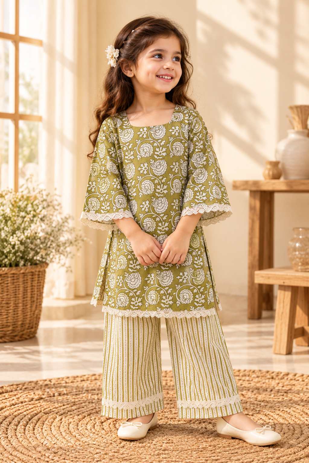 Zaitoon baby girl kurti set, blue base, white sun-motif batik print - worn by a baby girl model