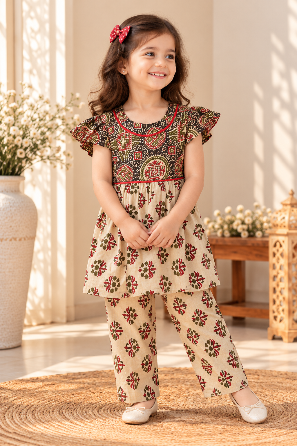 Zardozi baby girl kurti set, black base, bold ajrakh paisley print, red neckline trim - worn by a baby girl model