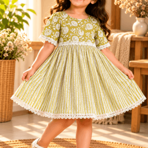 Baby girl wearing Zeba olive floral-print yoke cotton frock with striped skirt