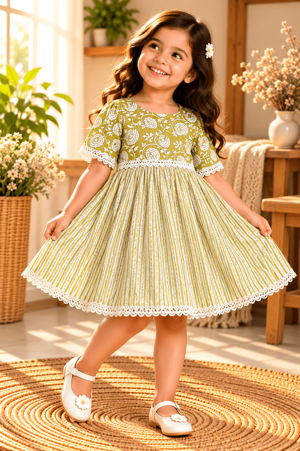 Baby girl wearing Zeba olive floral-print yoke cotton frock with striped skirt