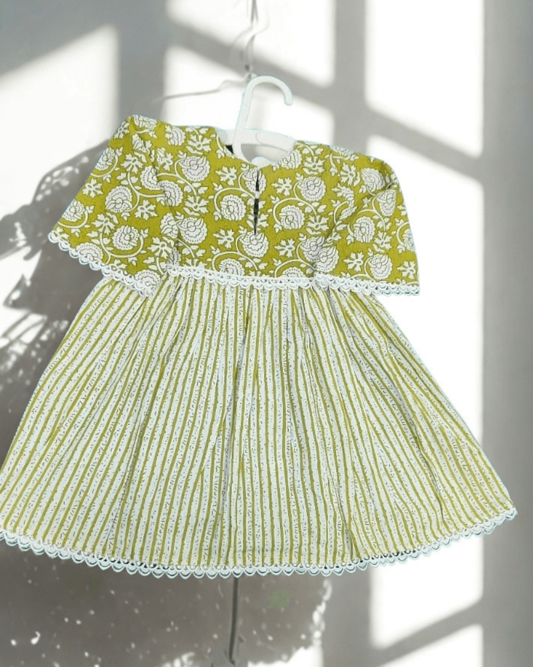 Zeba olive floral-print yoke cotton frock with striped skirt for baby girl - back view