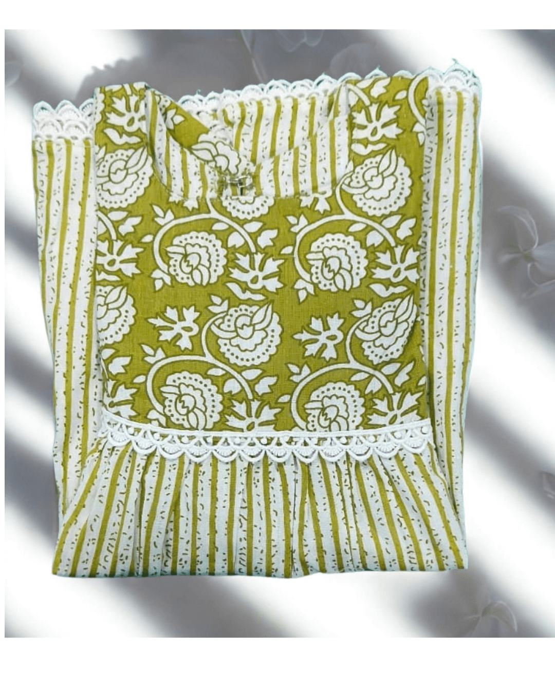 Zeba olive floral-print yoke cotton frock with striped skirt, folded