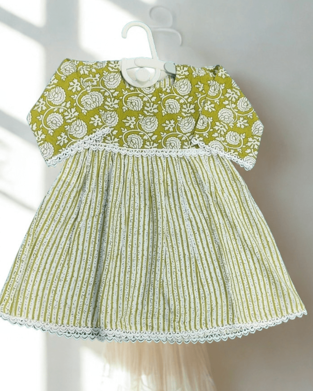 Zeba olive floral-print yoke cotton frock with striped skirt for baby girl - front view