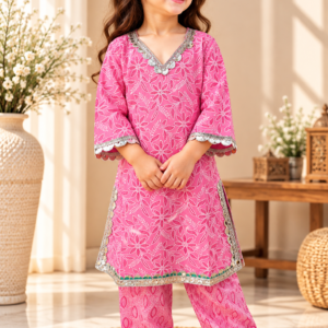 Zeenat baby girl kurti set, hot pink base, all-over floral print, silver mirror sequin trim - worn by a baby girl model.